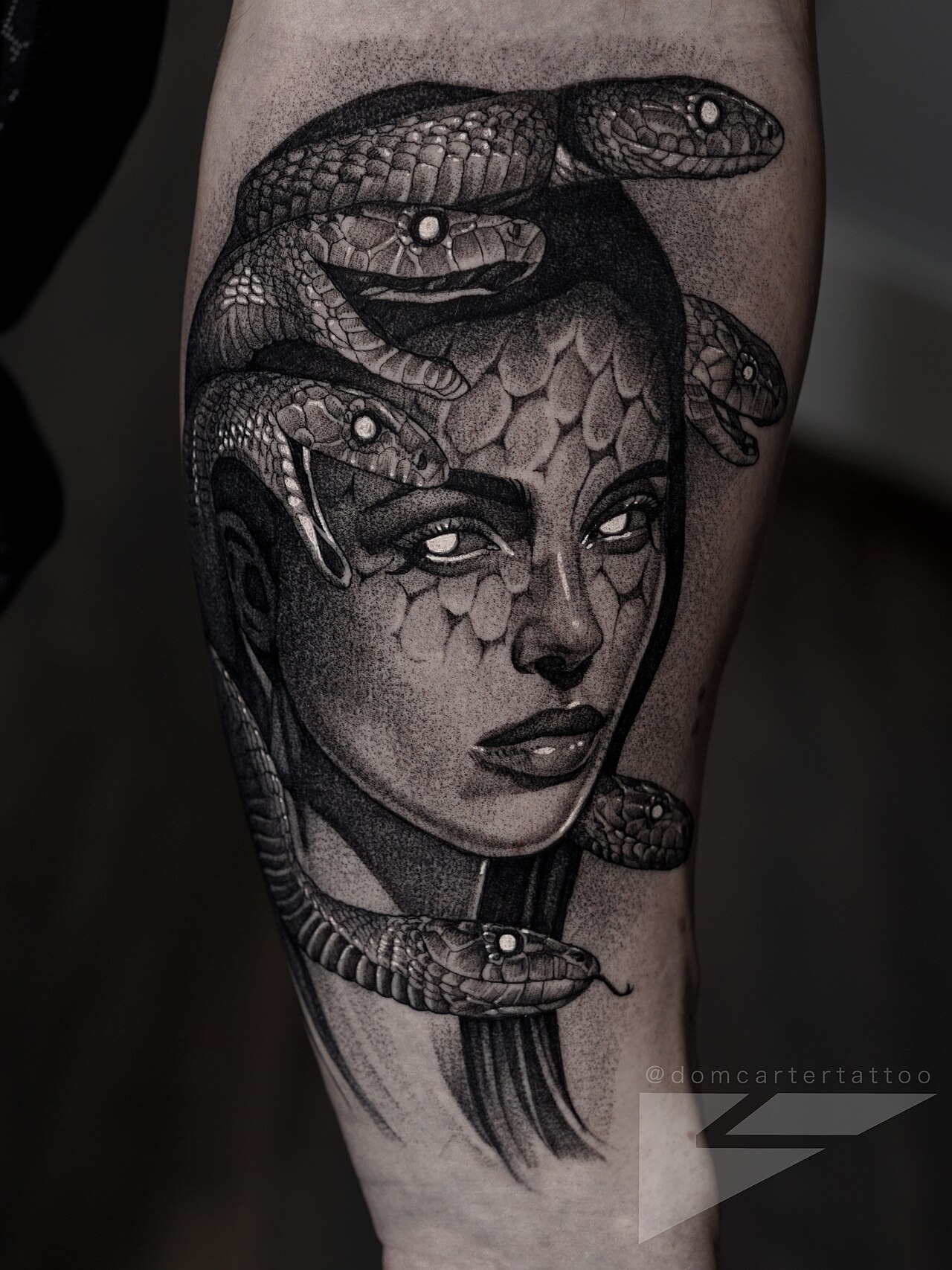 Tatuagem de medusa black and grey com serpentes
